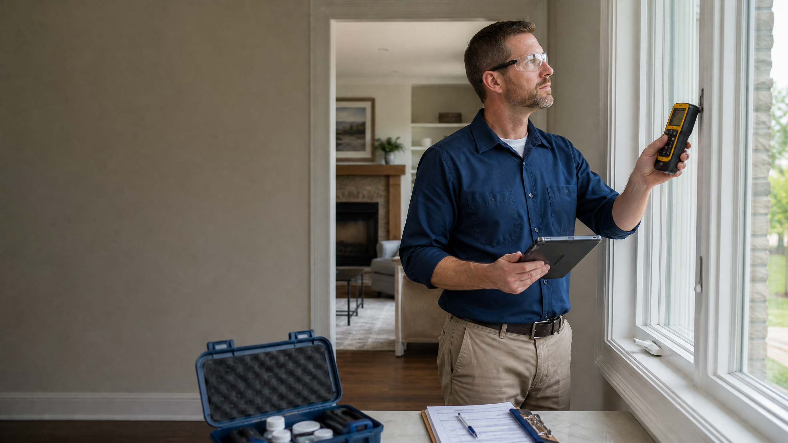 Professional environmental inspector conducting mold and asbestos testing in Michigan home