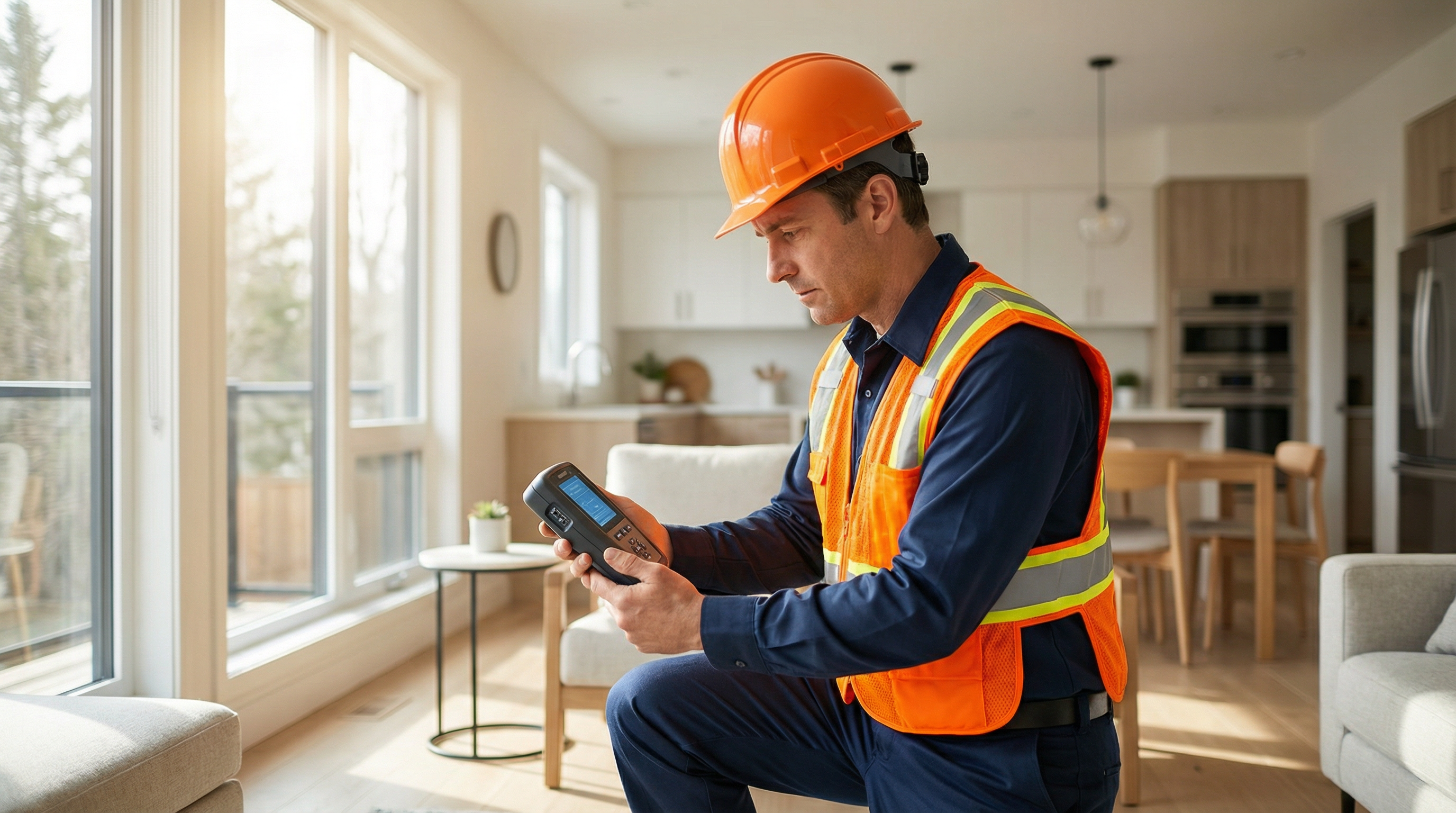 Professional home inspector checking for signs of mold and water damage in Southeast Michigan residential property